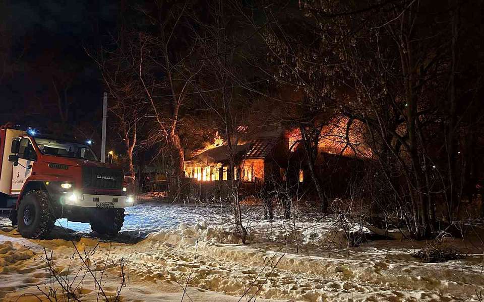 Два заброшенных дома сгорели ночью в Ленинском районе Воронежа после поджога