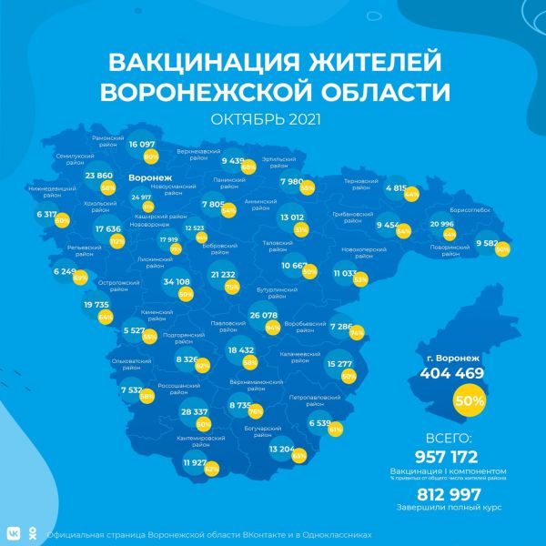 Опубликована карта вакцинации Воронежской области с перевыполнением плана одним из районов