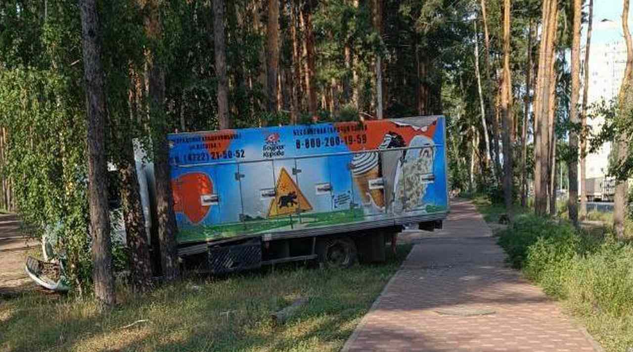 Появилось видео, как грузовик с мороженым врезался в лесополосу в Воронеже