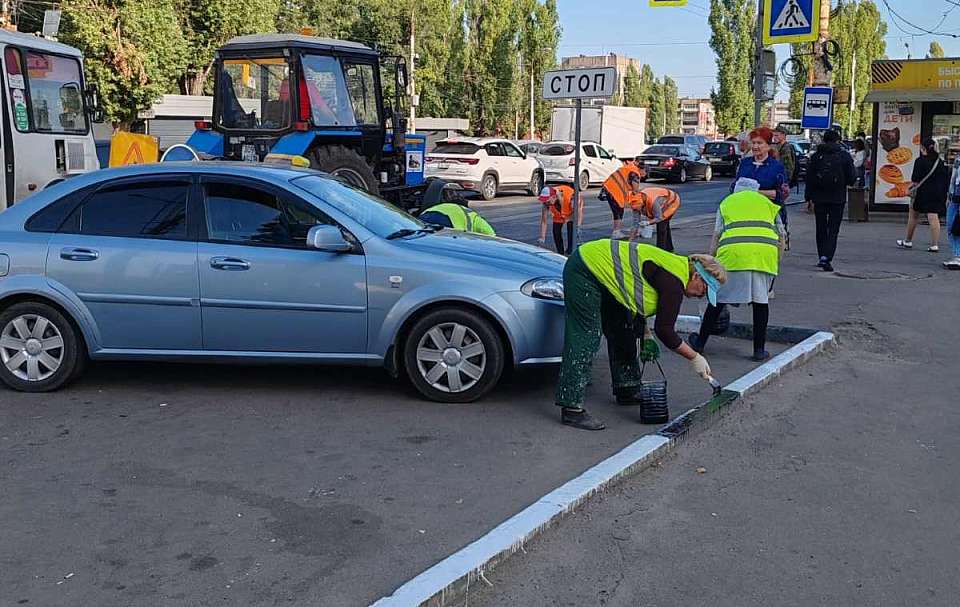 Комбинат благоустройства Железнодорожного района выполняет покраску бордюрного камня